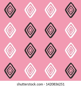 Simple seamless pattern with rhombus drawn by hand with rough brushes. Primitive girl print. Sketch, watercolor, paint. Vector illustration.