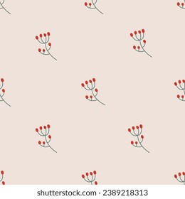 Simple seamless pattern with rowan twig on beige background. Hand drawn vector texture for wallpaper, prints, wrapping, textile