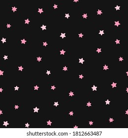 Simple seamless pattern with scattered pink hearts on black background. Cute vector illustration.