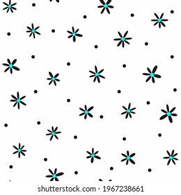 Simple seamless pattern with scattered small flowers and dots. Vector illustration.