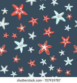 Simple seamless pattern with sea stars on deep blue background. Wallpaper with cute little sea stars.Underwater abstract background.