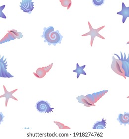Simple seamless pattern with seashells on a white background. Colored vector illustration.