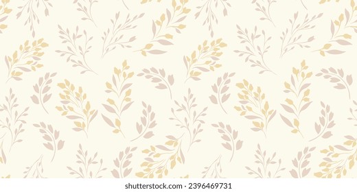 Simple seamless pattern with shape tiny branches leaves, buds with drops. Pastel gently beige floral print. Vector hand drawn sketch.  Design for fashion, fabric, wallpaper.