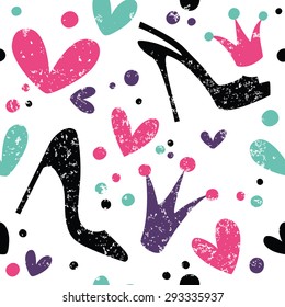 Simple seamless pattern with shoes, crown and heart. Great for scrapbook, surface textures.