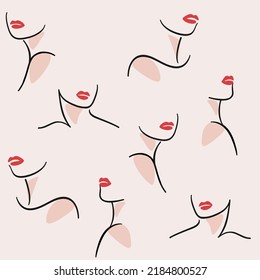 Simple seamless pattern with silhouette of neck and red lips. Vector contour illustration for beauty salon, cosmetics.