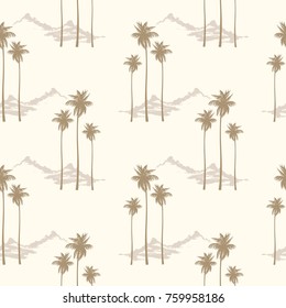 Simple seamless pattern with silhouettes of palm trees on a background of mountains. Vector image in vintage style in pastel yellow color.
