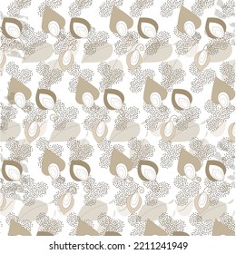 A simple seamless pattern with small dots and gently beige leaves on a white background. Abstract texture is hand-drawn in boho style. Design for fabric, wallpaper, wrapping paper, postcard, gift.