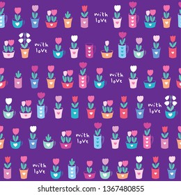 Simple seamless pattern with spring flowers in flowerpots for textile, wallpapers, gift wrap and scrapbook. Dark purple background. Vector.