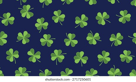 Padrão simples sem emenda para o Dia de São Patrício apresentando trevo verde ou símbolos de trevo de três folhas em um fundo azul escuro contrastante.