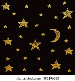 Simple seamless pattern with stars and moon. Good for wrapping paper, fabric design, web page, scrapbook elements. Vector