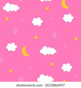 Simple seamless pattern with stars, moons and clouds on a pink background. Vector graphics.
