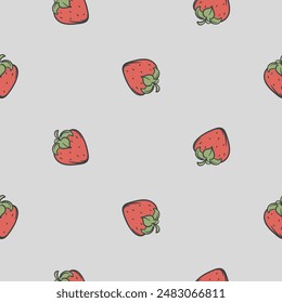 Simple seamless pattern with strawberries. Background with repeating elements. Drawing of fruits and berries. Illustration for gift paper and print