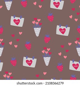 Simple seamless pattern. Strawberries, a bouquet of flowers, a calendar with a heart. Valentine's Day background. Flat design in boho style.