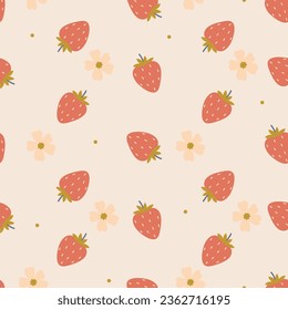 Einfaches nahtloses Muster mit Erdbeeren und Blumen. Vektorgrafiken.