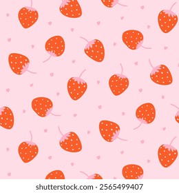 Simple seamless pattern with strawberries and hearts on a pink background. Cute summer print with red berry for wrapping paper, fabric, wallpaper. Vector texture.