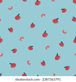 Simple seamless pattern with tangerine on light blue background. Merry Christmas and New Year symbol texture. Hand drawn festive vector design for textile, wrapping, prints, wallpaper