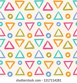 Simple seamless pattern with triangles and circles. Vector background with hand drawn geometric elements.
