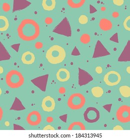 Simple seamless pattern with triangles and polka dots. Seamless pattern can be used for wallpapers, pattern fills, web page backgrounds,surface textures.