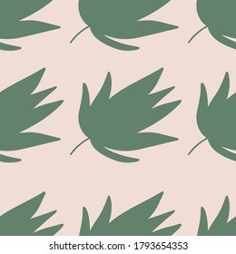 Simple seamless pattern with tropical leaves on pink background. Trendy pastel colors. Vector illustration.