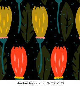 Simple seamless pattern with tulip flowers. Trendy floral background in scandinavian style. Vector illustration.