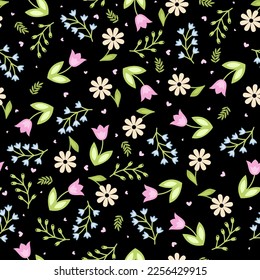 Simple seamless pattern with tulips, branch, chamomile, leaves and hearts. Ideal for wallpaper, gift paper, web page background, spring greeting cards