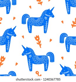 Simple seamless pattern with unicorn made in traditional scandinavian style