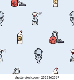 Simple seamless pattern with vacuum cleaner, plumbing and detergents. Vector background for design in the service sector, dry cleaning, cleaning company. Set of icons related to hygiene, cleanliness