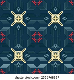 Simple seamless pattern with various decorative elements on a blue background. Retro palette. Vector illustration