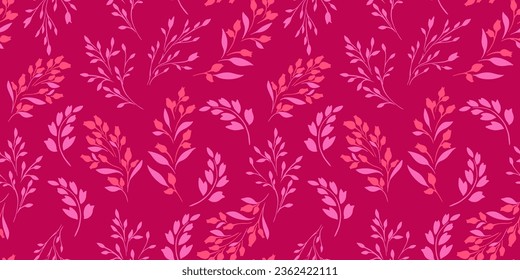 Simple seamless pattern with vector hand drawn silhouettes branches leaves. Cute, minimalist, retro, vintage print.  Template for design, fashion, cloth, wallpaper, paper, cover, fabric, interior deco