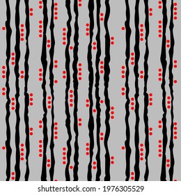 Simple seamless pattern: Vertical jagged black stripes and red dots on a gray background.