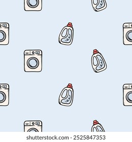 Simple seamless pattern with washing machine, laundry detergent. Vector background for design in the service sector, cleaning company. Set of icons, signs, symbols related to hygiene, cleanliness