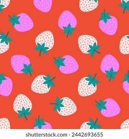 Simple seamless pattern with white and pink strawberries on a red background. Vector graphics.