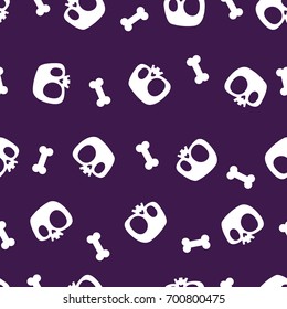 Simple seamless pattern with white silhouettes of cartoon human skulls or Jolly Rogers and bones against plain purple background. Vector illustration for wallpaper, wrapping paper, fabric print.