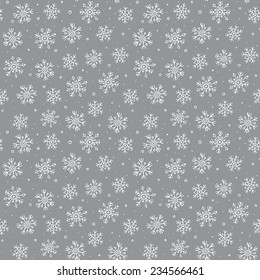 Simple seamless pattern with white snowflakes on grey background. Can be used for wallpaper, pattern fills, textile, web page background, surface textures. Vector illustration. 