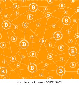 simple seamless pattern, white symbols of bitcoin on orange background, vector illustration