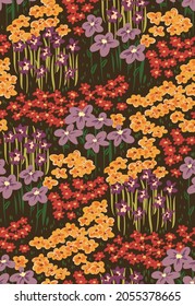 Simple seamless pattern with wildflowers on a green field. Vector.