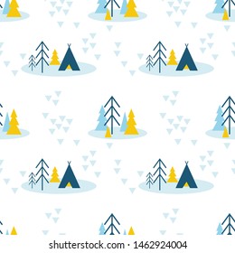 Simple seamless pattern of of winter forest camping with pine trees and tent.
