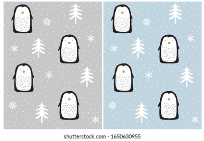 Sencillos Patrones impecables con un Pingüino Bebé Cuto en un fondo gris claro y azul claro. Arte simple de guardería para niños. Impresión vectorial invernal con bosques nevados y pengines aislados en azul y gris.