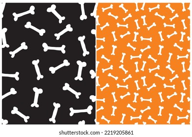 Simple Seamless Patterns with White Bones isolated on a Black and Orange Background. Snacks for Dog. Irregular Hand Drawn Print with Skeleton Bones ideal for Wrappring Paper, Fabric. Halloween Design.