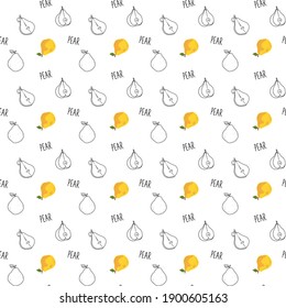 Simple seamless pear fruit pattern in black and white and yellow colors, hand drawing sketch style on white background. Vector 