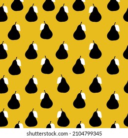 Simple seamless pear pattern. Abstract black pears. yellow background. vector texture. Fashionable Print for textiles, packaging and wallpaper.