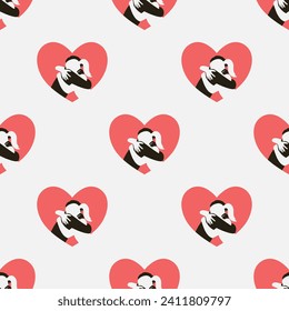 Simple seamless repeat pattern with silhouettes of young couple in love. Black man and white woman tenderly embrace in red love heart. Valentine's day postcard. Vector flat background