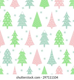 Simple seamless retro Christmas pattern - varied Xmas trees, stars and snowflakes. Happy New Year background. Vector design for winter holidays on white background.