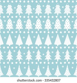 Simple seamless retro Christmas pattern - varied Xmas trees, stars and snowflakes. Baby blue Happy New Year background. Vector design for winter holidays. Child drawing style xmas trees.