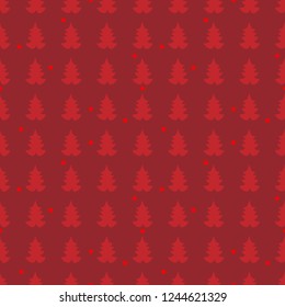 Simple seamless retro red Christmas pattern with Xmas trees. Happy New Year background. Vector design for winter holidays on red background.