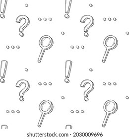 A simple seamless school pattern with punctuation marks, exclamation, question marks, ellipsis, magnifying glass. Black and white background with isolated hand-drawn doodle outline elements. Vector