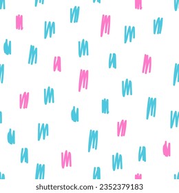 A simple seamless scribbled pattern. Vector striped pattern drawn by hand. Pink and blue doodles on white background.