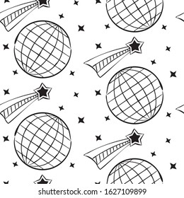 Simple seamless space pattern with hand-drawn stars, comets and planets. Black outlines of stars, comets and globe on a white background.