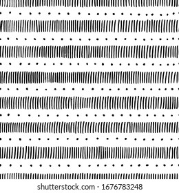 Simple seamless striped pattern in doodle style. Cute print for textiles, carpet products, packaging, postcards, notebooks. Handwork in pencil on paper. Black and white ornament. Vector illustration.