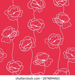 Simple seamless stylized floral pattern. Flat design print with poppy flower. Contour vector illustration.